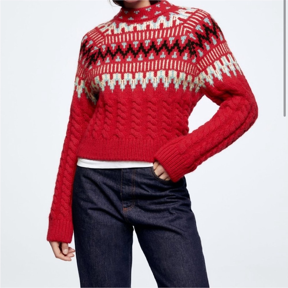 ZARA CABLE KNIT WOOL BLEND JACQUARD SWEATER - Picture 3 of 10